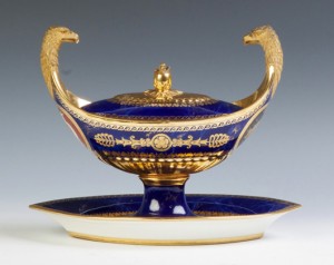 Sevres cobalt and gold enameled tureen, circa 1812, is descended in the family of William Weightman. Price realized: $59,800. Cottone Auctions image